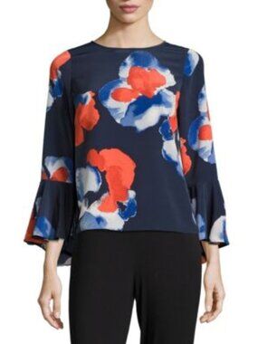 H-Halston Floral Print Top – Bell Sleeves with Back Bow
